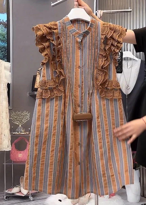 New Brown Ruffled Button Patchwork Cotton Mid Dress Sleeveless - Image 4