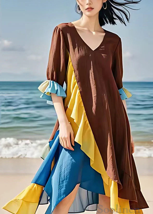 New Brown V Neck Chiffon Patchwork Dress Flare Sleeve - Image 2