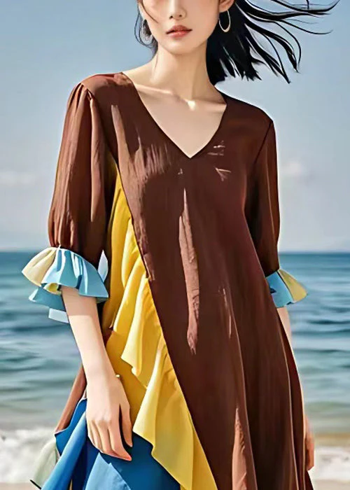 New Brown V Neck Chiffon Patchwork Dress Flare Sleeve - Image 3