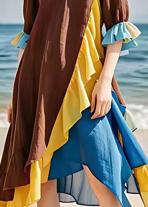 New Brown V Neck Chiffon Patchwork Dress Flare Sleeve - Image 4