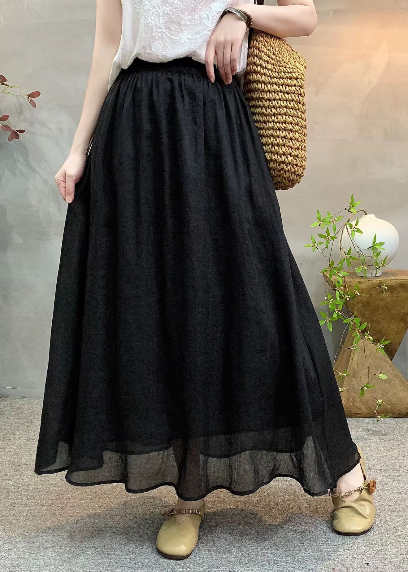 New Casual Navy Elastic Waist Linen Skirts Summer - Image 5