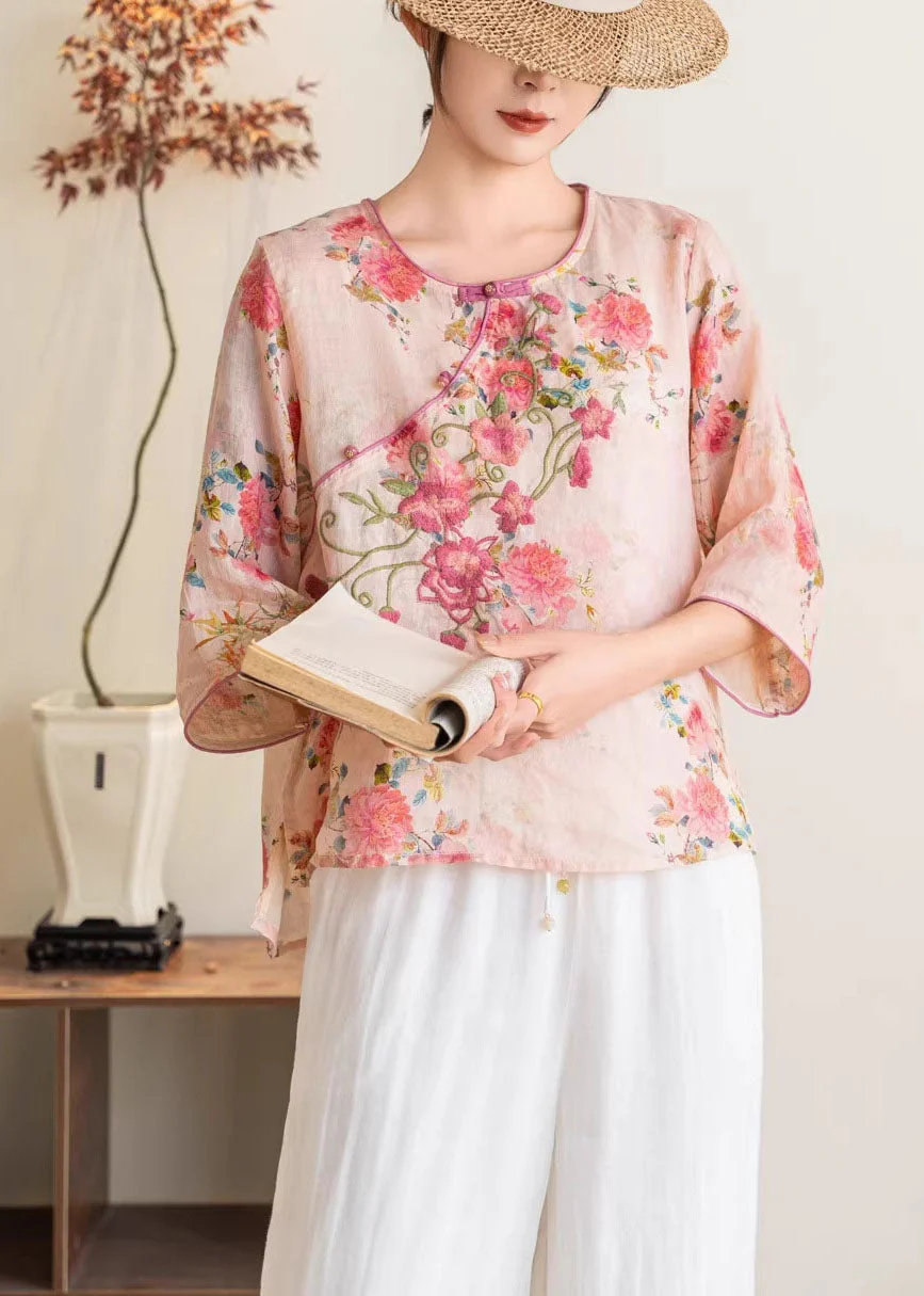 New Chinese Style Blue Linen Printed Embroidered Top Summer - Image 2