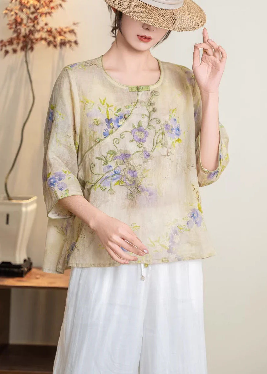 New Chinese Style Blue Linen Printed Embroidered Top Summer - Image 3