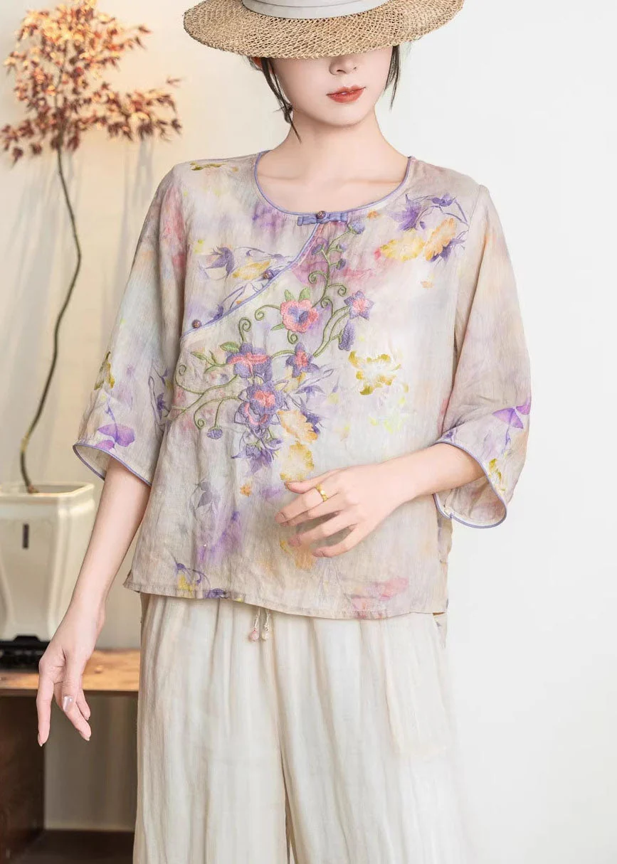 New Chinese Style Blue Linen Printed Embroidered Top Summer - Image 4
