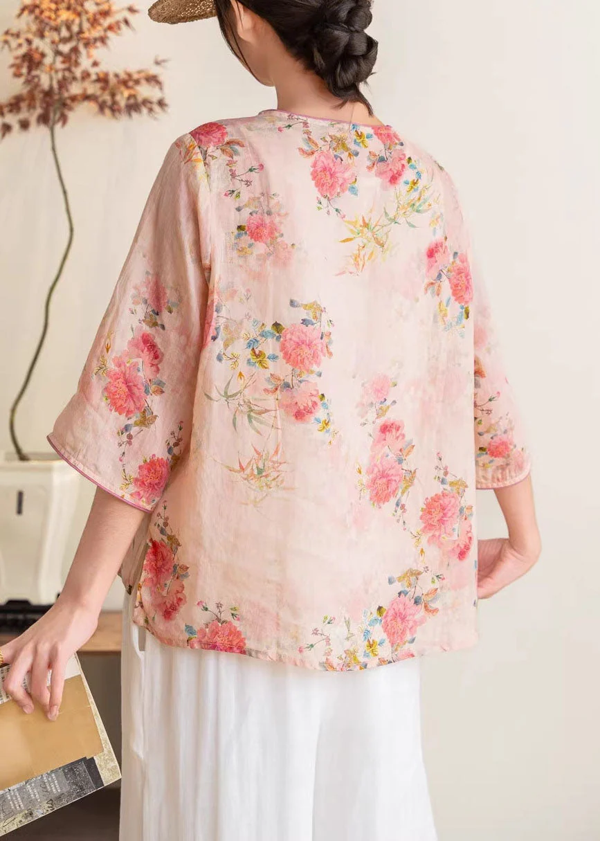 New Chinese Style Blue Linen Printed Embroidered Top Summer - Image 5