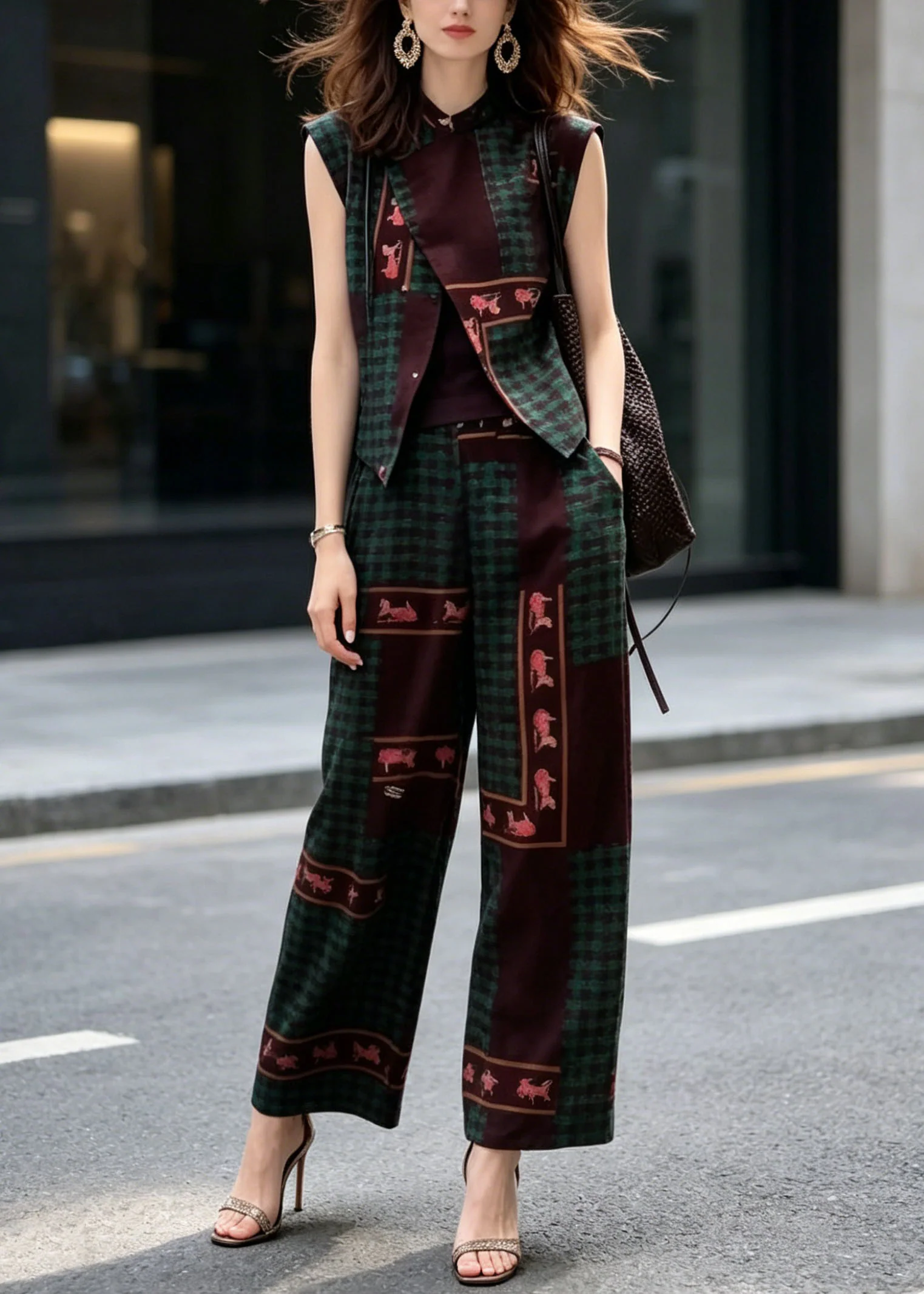 New Chinese Style Print Sleeveless Top And Wide Leg Pants Two Pieces Set - Image 3