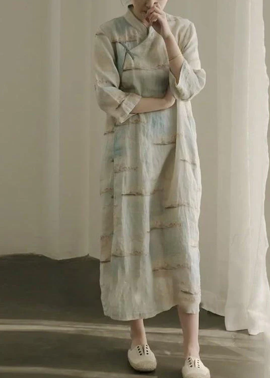 New Chinese Style Stand Collar Print Cotton Dress Autumn - Image 2