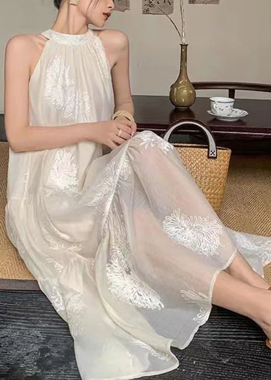 New Chinese Style White Embroidered Halter Cotton Dresses Summer - Image 3