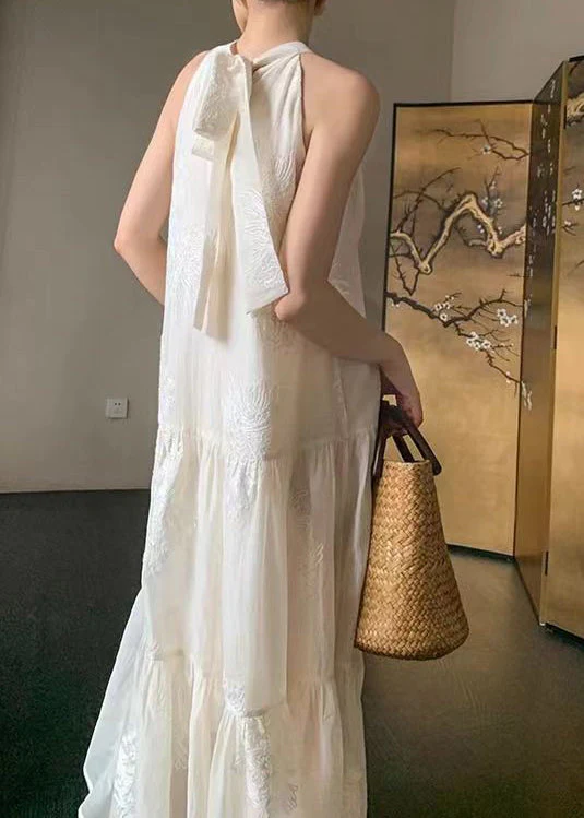 New Chinese Style White Embroidered Halter Cotton Dresses Summer - Image 4