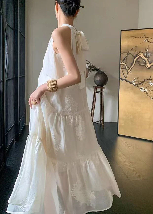 New Chinese Style White Embroidered Halter Cotton Dresses Summer - Image 5