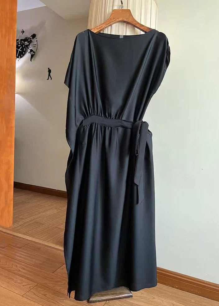 New Chocolate Lace Up Solid Silk Long Dresses Summer - Image 2