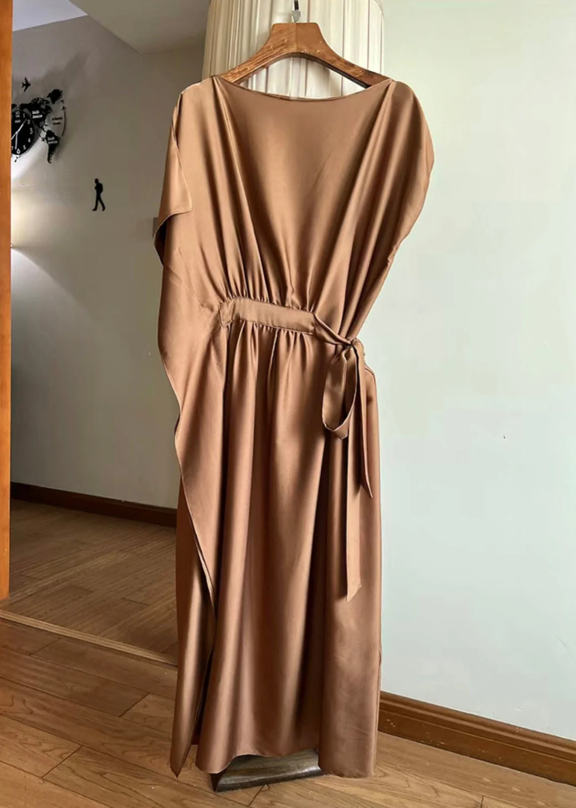 New Chocolate Lace Up Solid Silk Long Dresses Summer - Image 3