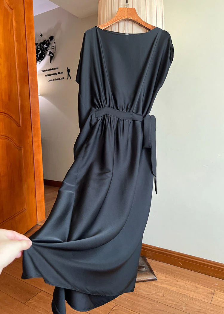 New Chocolate Lace Up Solid Silk Long Dresses Summer - Image 4
