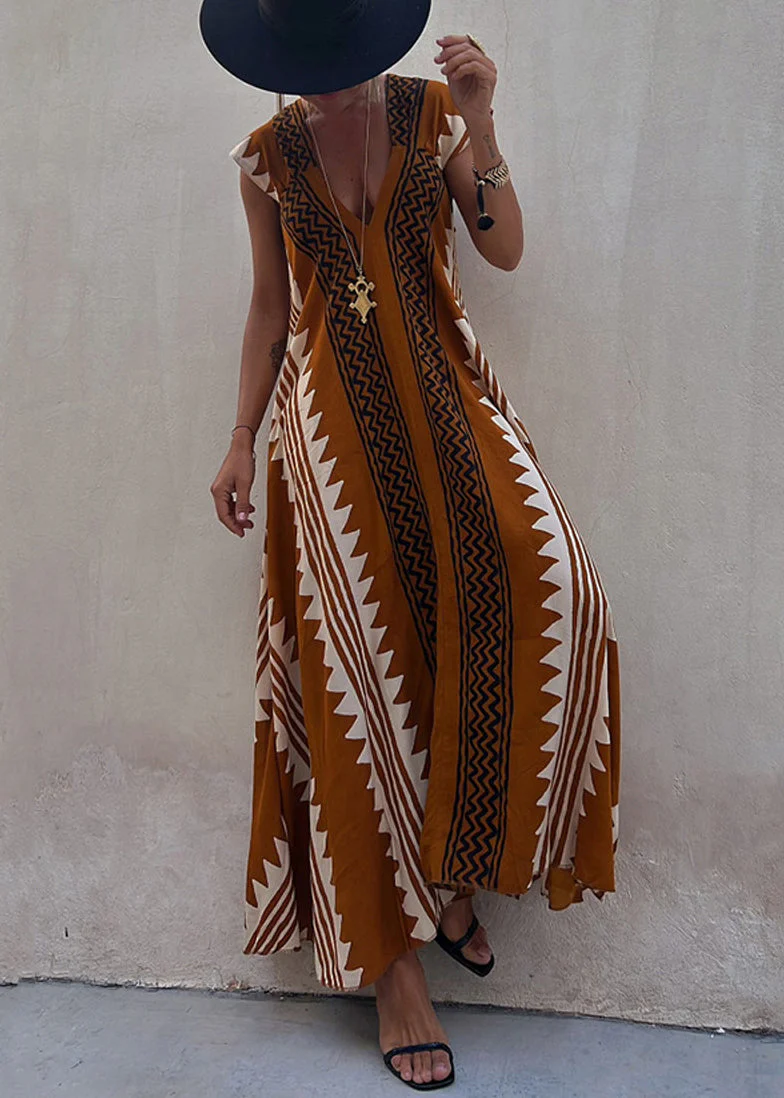 New Coffee Asymmetrical Print Chiffon Long Dresses Summer - Image 2