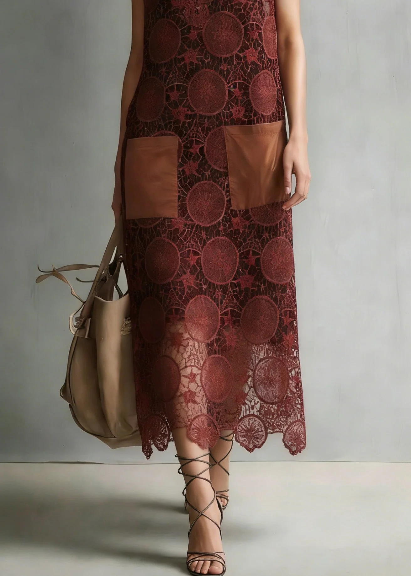 New Coffee Embroidered Hollow Out Lace Dresses Sleeveless - Image 4