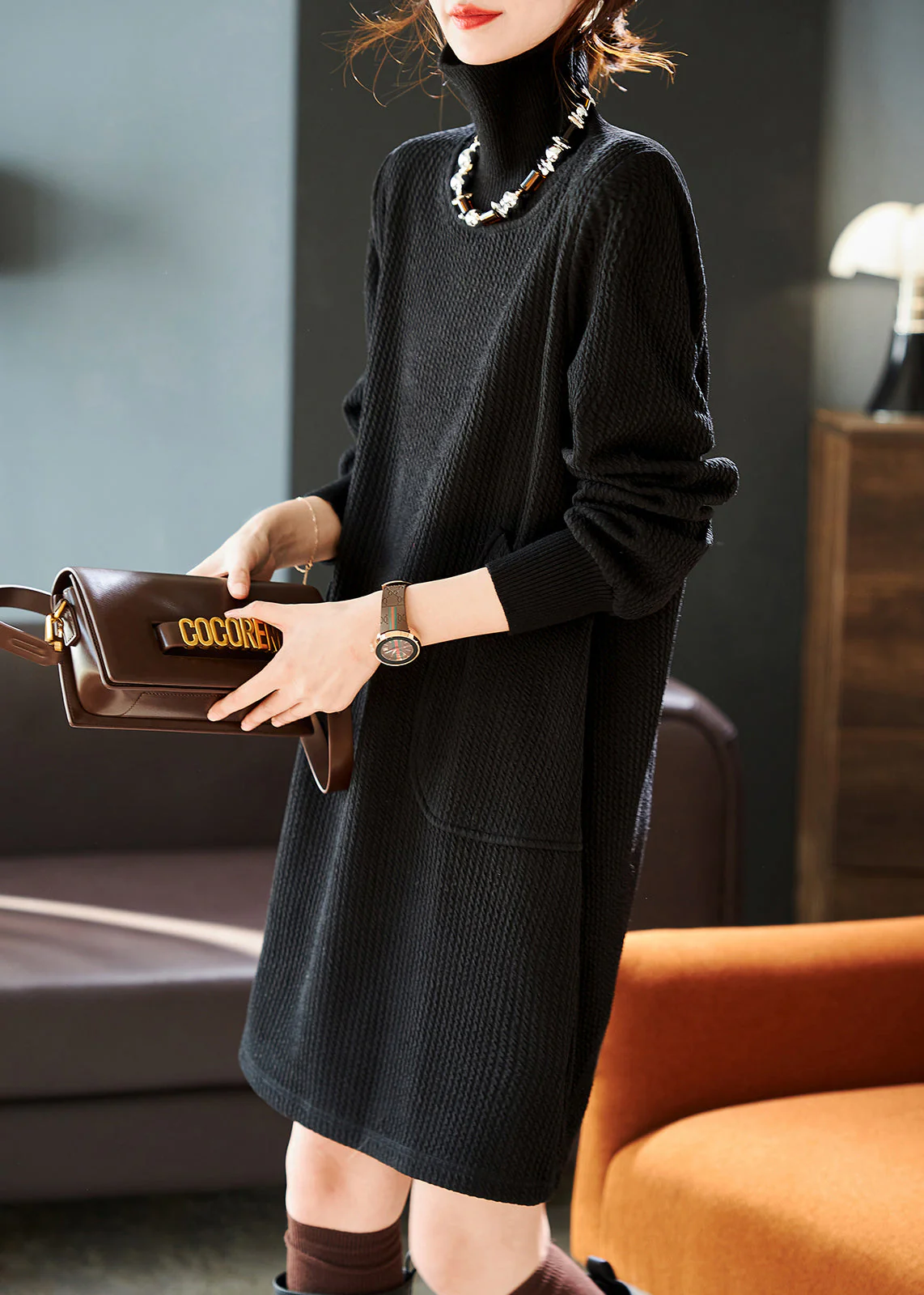 New Coffee Hign Neck Pockets Patchwork Warm Fleece Dresses Winter - Image 2
