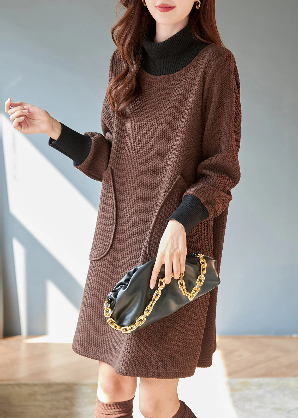 New Coffee Hign Neck Pockets Patchwork Warm Fleece Dresses Winter - Image 3