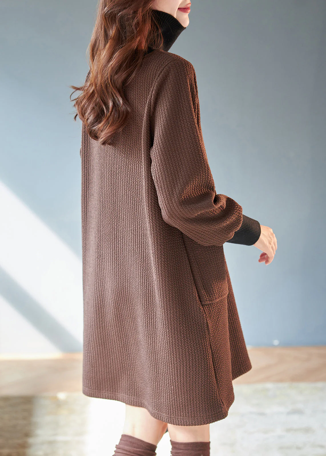 New Coffee Hign Neck Pockets Patchwork Warm Fleece Dresses Winter - Image 4
