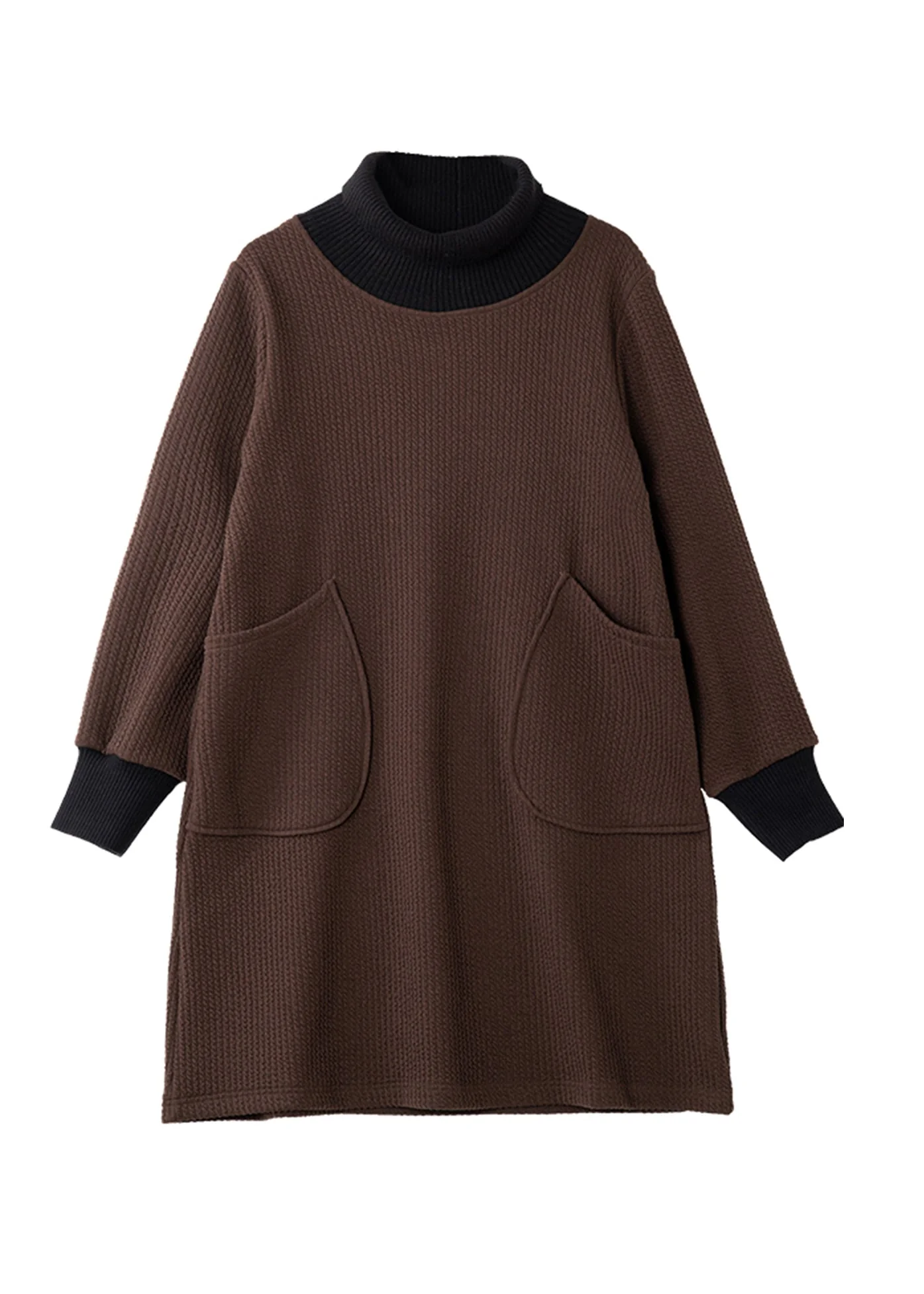 New Coffee Hign Neck Pockets Patchwork Warm Fleece Dresses Winter - Image 5