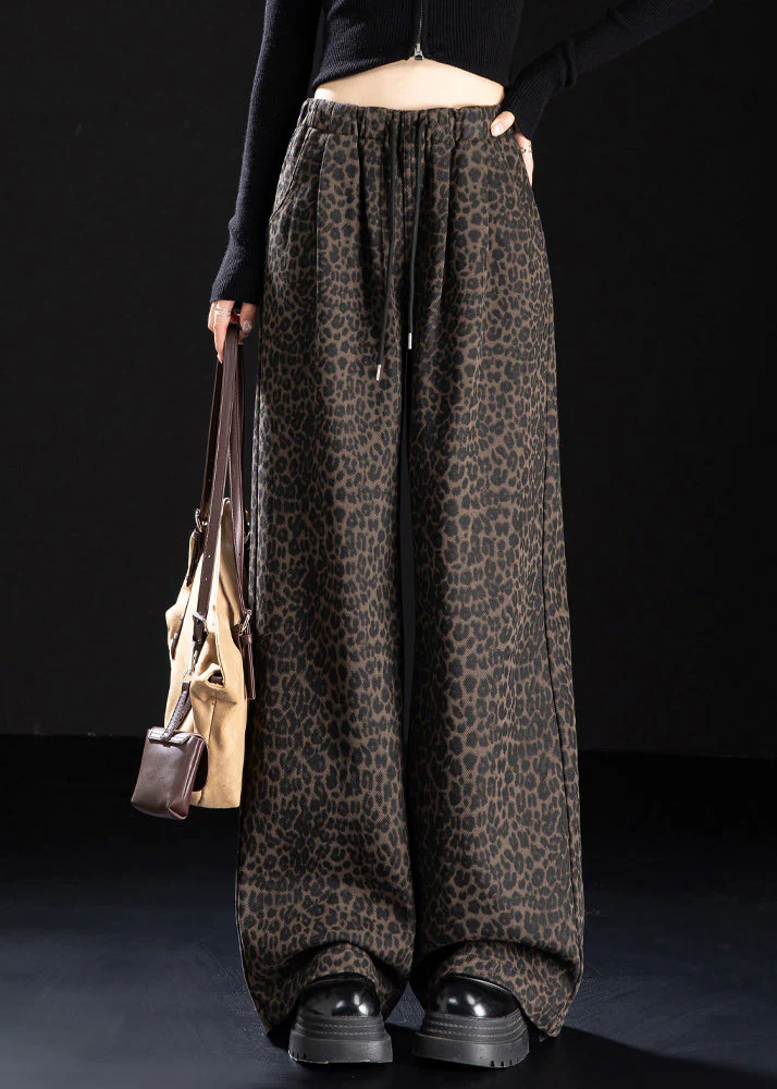 New Coffee Leopard Pockets Print Warm Fleece Denim Pants Winter
