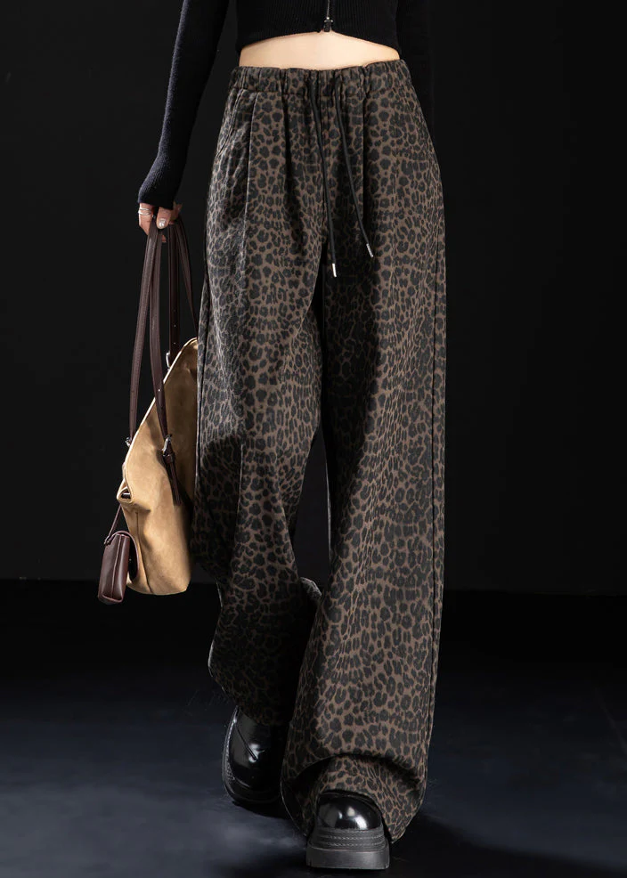 New Coffee Leopard Pockets Print Warm Fleece Denim Pants Winter - Image 2