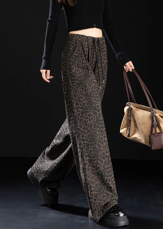 New Coffee Leopard Pockets Print Warm Fleece Denim Pants Winter - Image 3