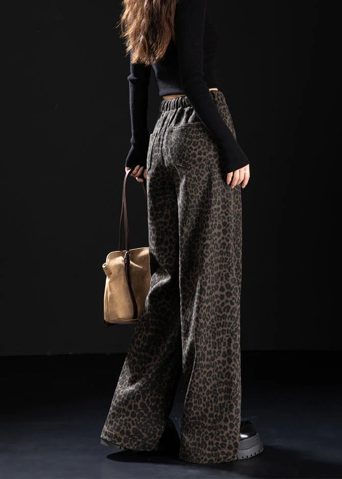 New Coffee Leopard Pockets Print Warm Fleece Denim Pants Winter - Image 4
