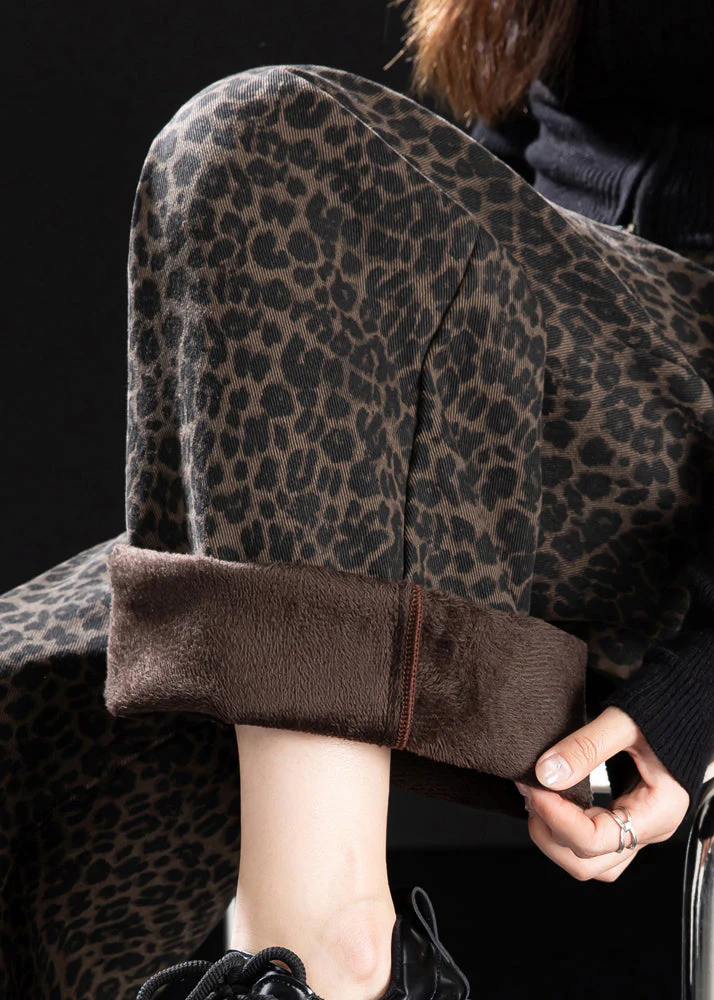 New Coffee Leopard Pockets Print Warm Fleece Denim Pants Winter - Image 5