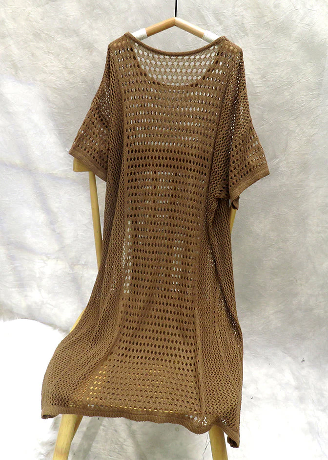 New Coffee O Neck Hollow Out Side Open Knit Mid Dress Summer - Image 5