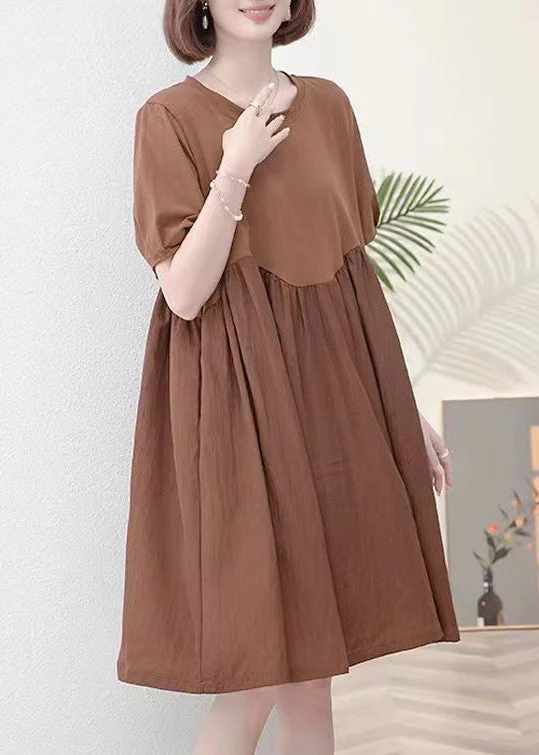 New Coffee O Neck Wrinkled Cotton Dress Short Sleeve - Image 3