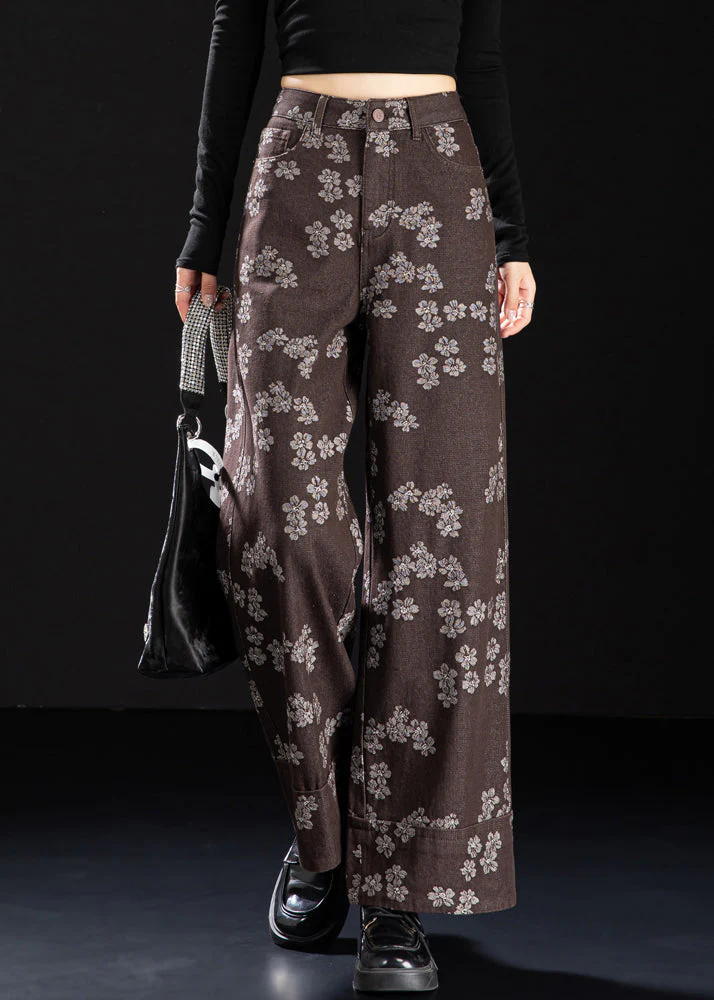 New Coffee Pockets Print Denim Straight Pants Spring