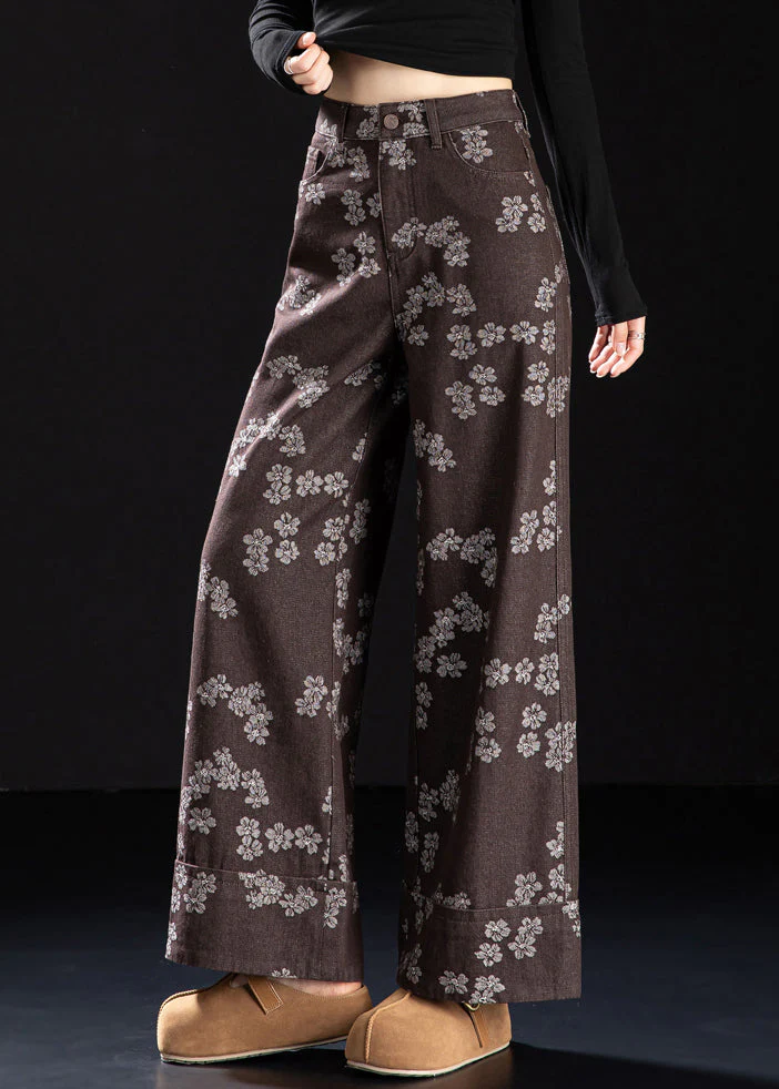 New Coffee Pockets Print Denim Straight Pants Spring - Image 2