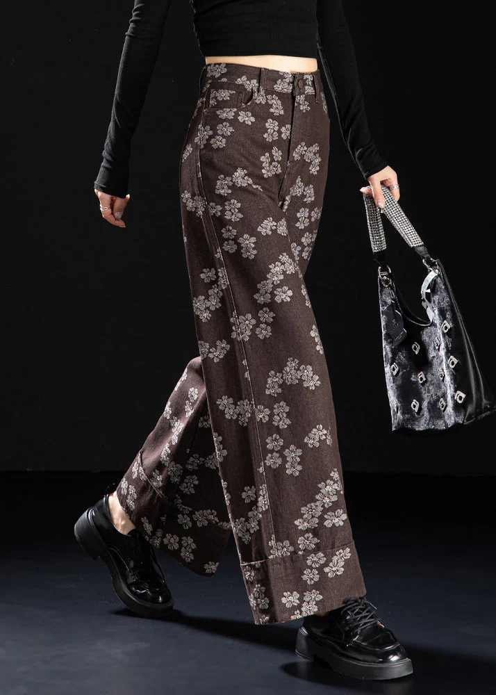 New Coffee Pockets Print Denim Straight Pants Spring - Image 3