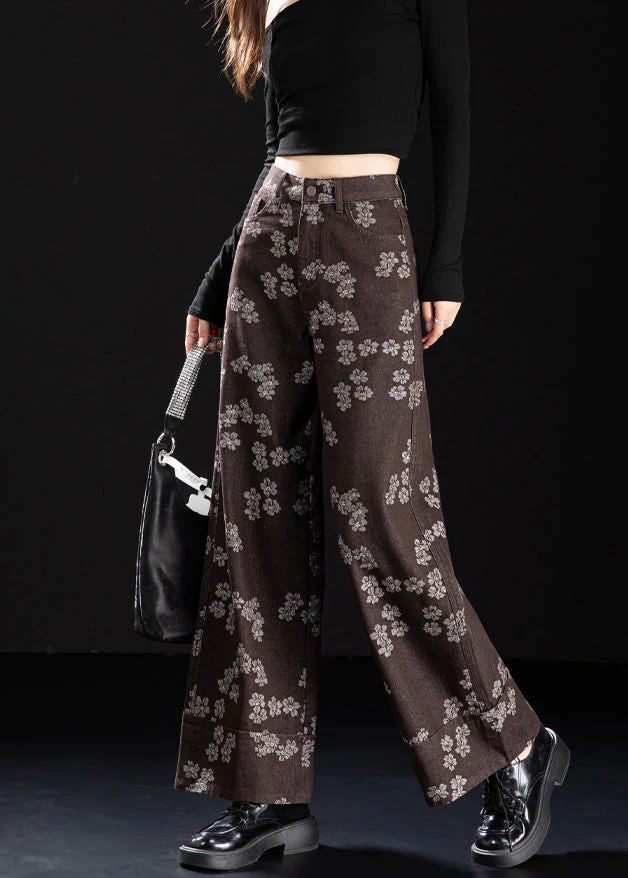 New Coffee Pockets Print Denim Straight Pants Spring - Image 4