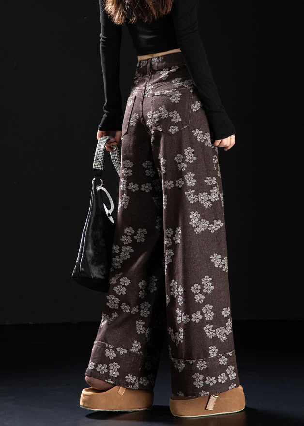 New Coffee Pockets Print Denim Straight Pants Spring - Image 5