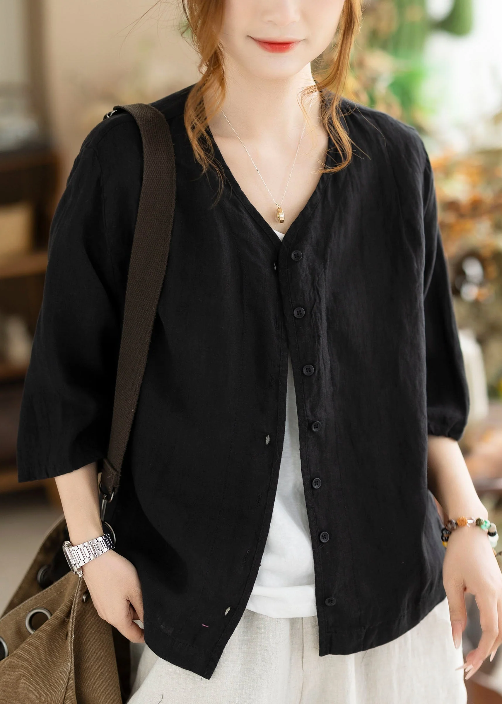 New Coffee V Neck Button Linen Cardigan Bracelet Sleeve - Image 2