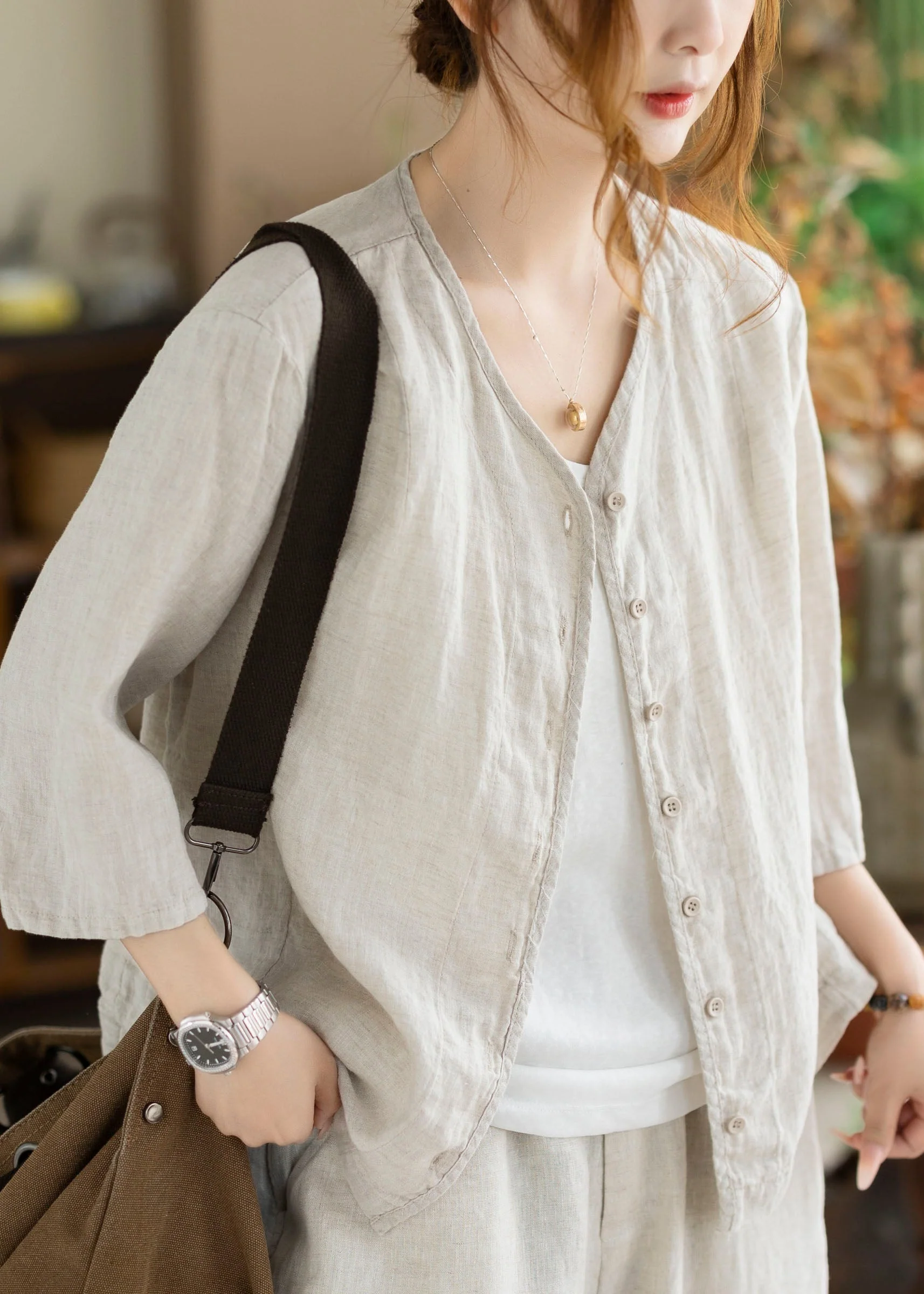 New Coffee V Neck Button Linen Cardigan Bracelet Sleeve - Image 3