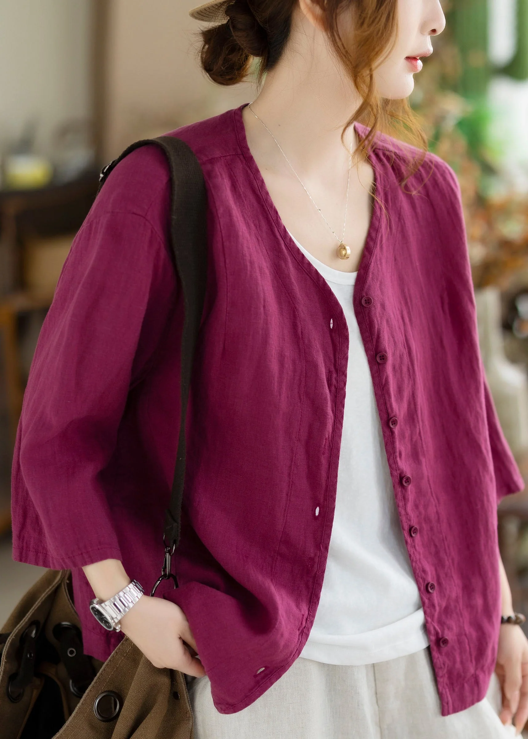 New Coffee V Neck Button Linen Cardigan Bracelet Sleeve - Image 4