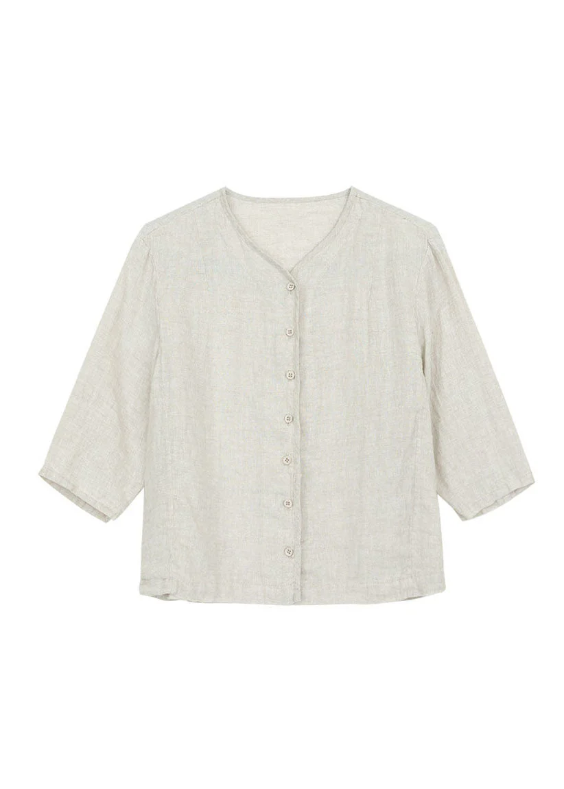 New Coffee V Neck Button Linen Cardigan Bracelet Sleeve - Image 5