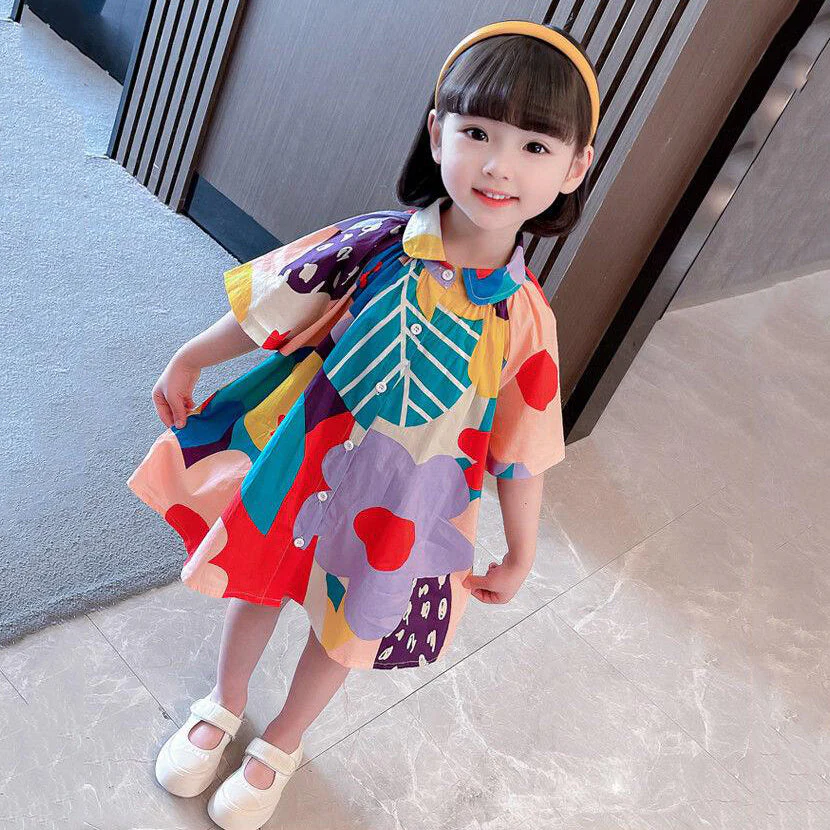 New Colorblock Print Button Girls Mid Dress Long Sleeve - Image 2