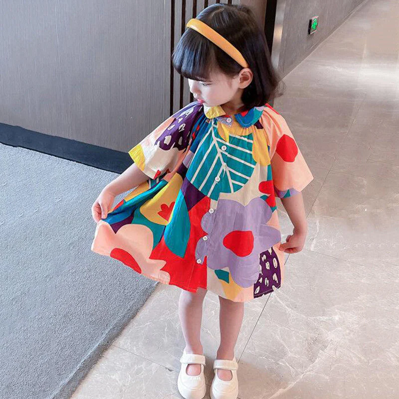 New Colorblock Print Button Girls Mid Dress Long Sleeve - Image 3