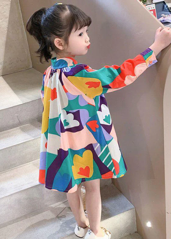 New Colorblock Print Button Girls Mid Dress Long Sleeve - Image 5