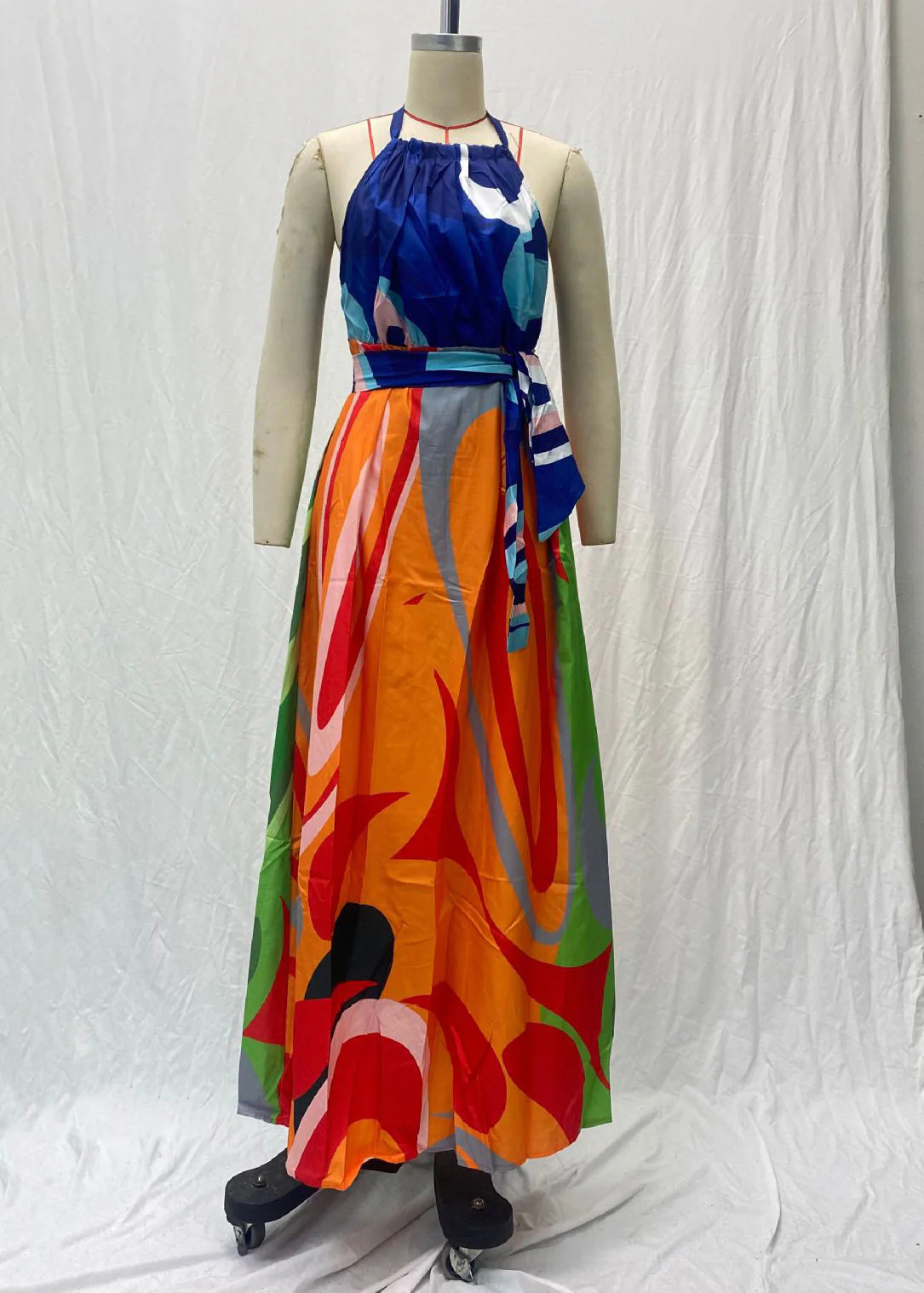 New Colorblock Print Lace Up Backless Cotton Long Dresses Sleeveless - Image 2