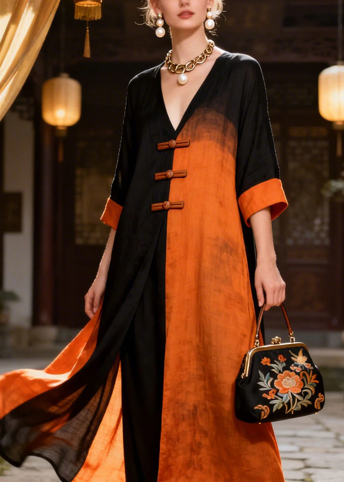 New Colorblock V Neck Oriental Button Patchwork Cotton Long Dresses Summer - Image 2