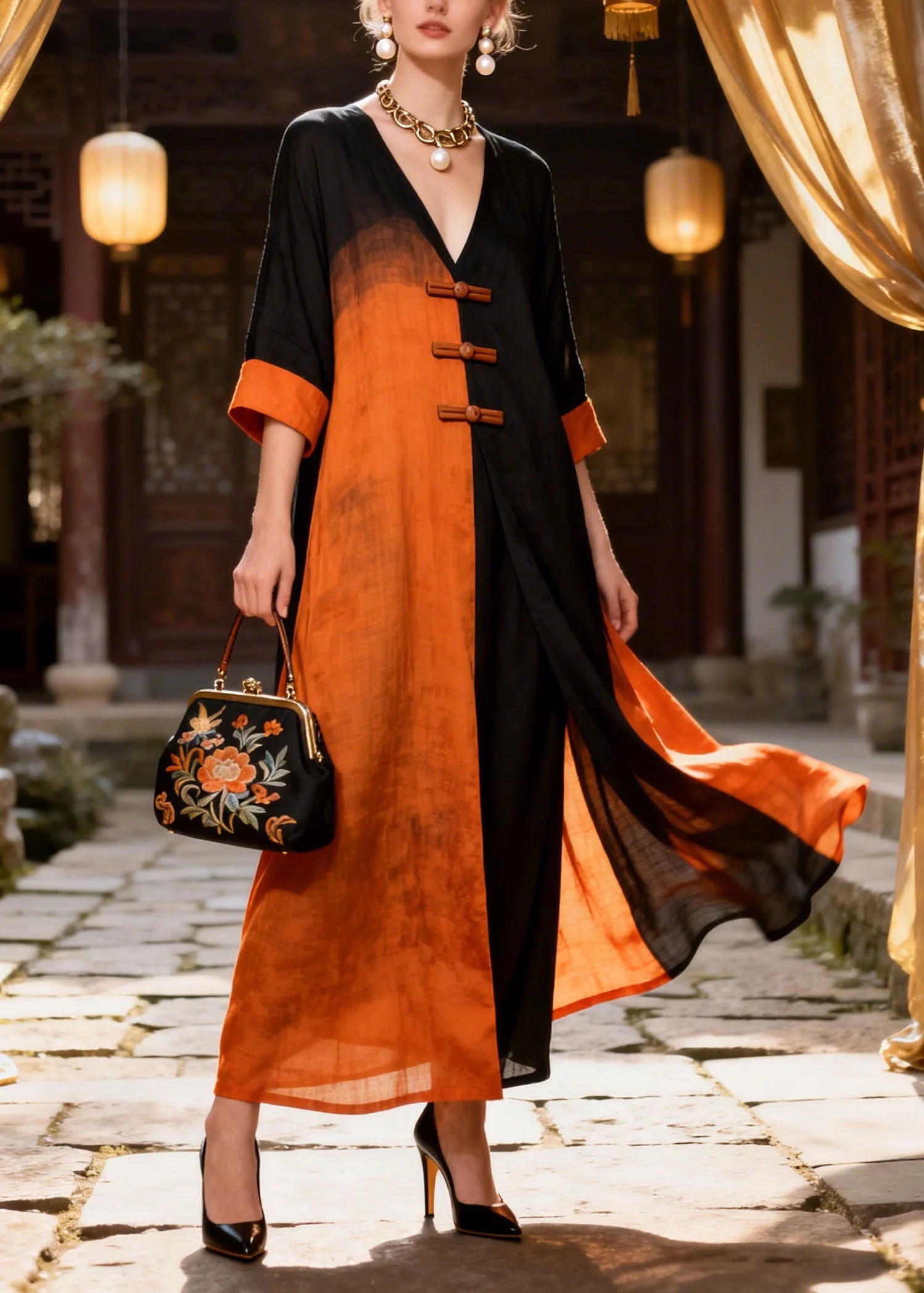 New Colorblock V Neck Oriental Button Patchwork Cotton Long Dresses Summer - Image 3