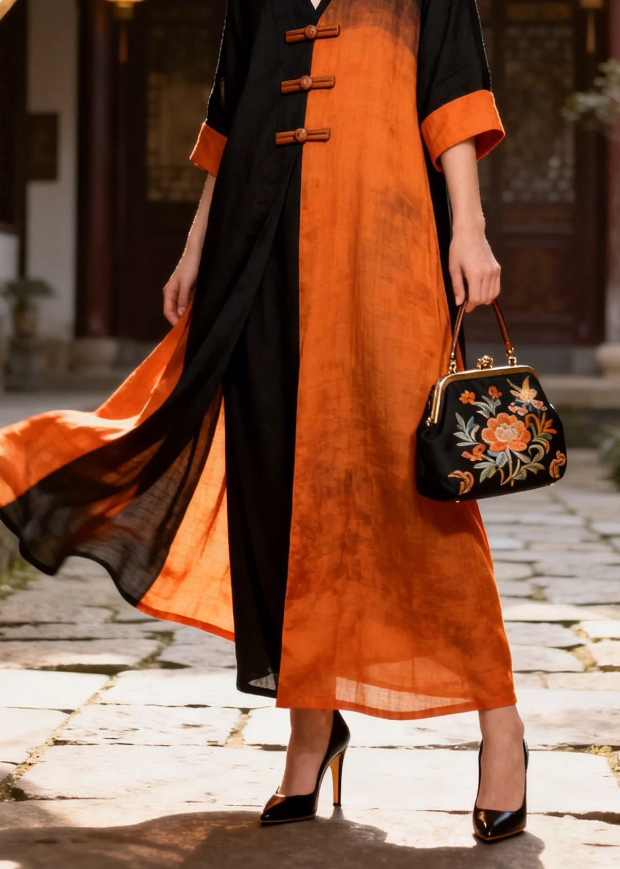 New Colorblock V Neck Oriental Button Patchwork Cotton Long Dresses Summer - Image 4