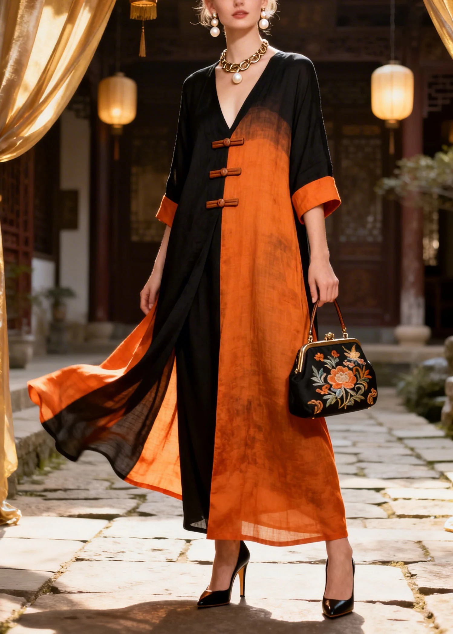 New Colorblock V Neck Oriental Button Patchwork Cotton Long Dresses Summer - Image 5