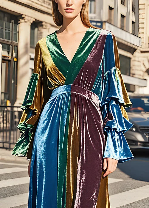 New Colorblock V Neck Patchwork Velvet Long Dress Butterfly Sleeve - Image 2