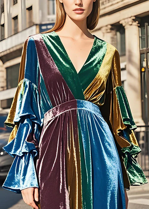 New Colorblock V Neck Patchwork Velvet Long Dress Butterfly Sleeve - Image 3