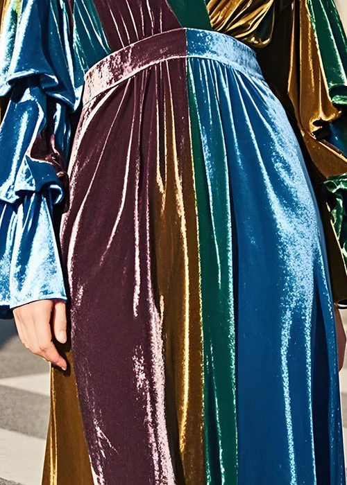 New Colorblock V Neck Patchwork Velvet Long Dress Butterfly Sleeve - Image 4